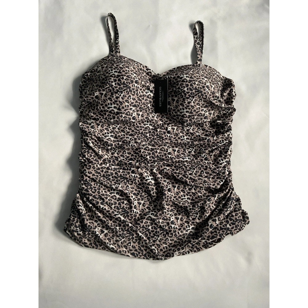 ocean Blue Women's Plus Blouson Bandeau Tankini Top Leopard Print Size 4XL